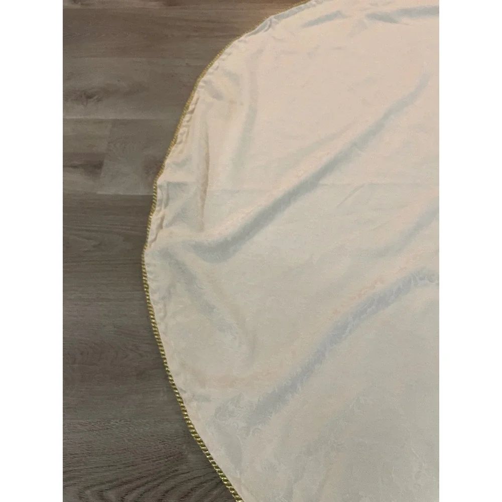 Vintage Ivory Damask Christmas Tree Skirt Gold Rope Trim 52 Inch Button Front